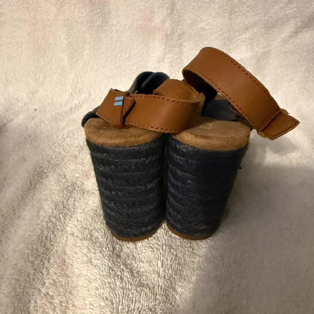 Toms Navy Blue Suede Espadrille Block Heel Sandals with Brown Leather Strap
